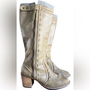 Fossil Distressed Leather Tall Boots Olive Brown Sz 9.5 EU41 lined 70s Boho